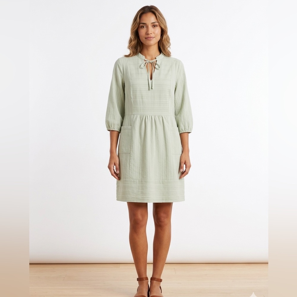 Sage Tie-Neck Mini Dress with Three-Quarter Sleeves